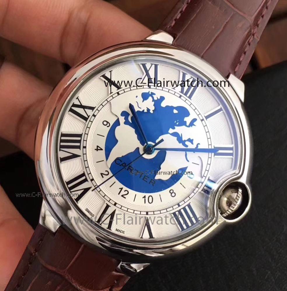 Ballon Bleu Cartier Automatic Watch Brown Leather Strap Map Dial
